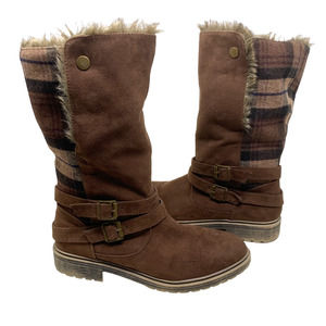 JustFab McKenna Women's Sz 11 Fur Lined & Plaid Fold Over Boots Brown Just Fab